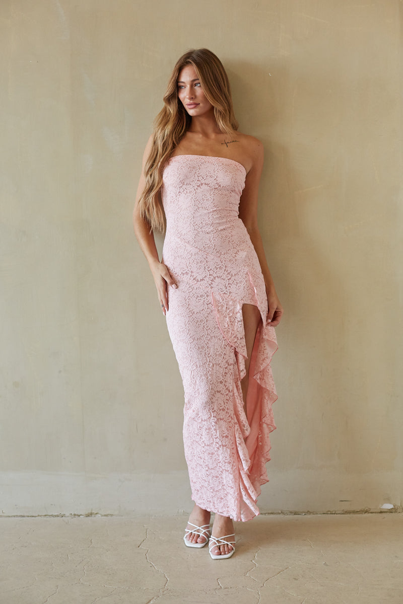 Lace Ruffle Trim High Slit Straight Neck Maxi Dress – Elegant Bridesmaid Wedding Guest Gown