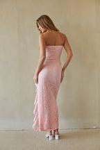 Lace Ruffle Trim High Slit Straight Neck Maxi Dress – Elegant Bridesmaid Wedding Guest Gown