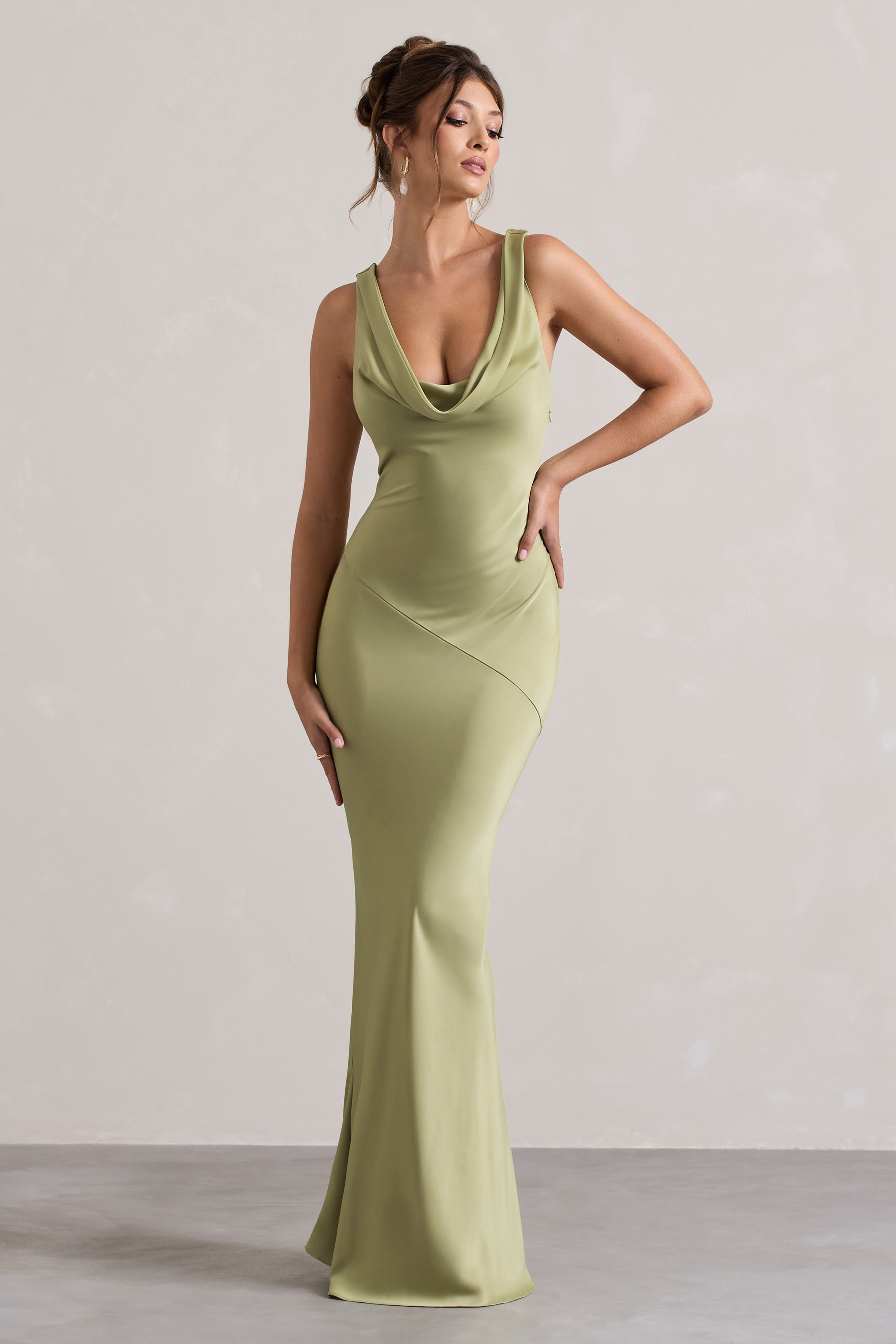 Light Olive Satin Cowl Neck Maxi Dress – Elegant Wedding Guest Evening Gown