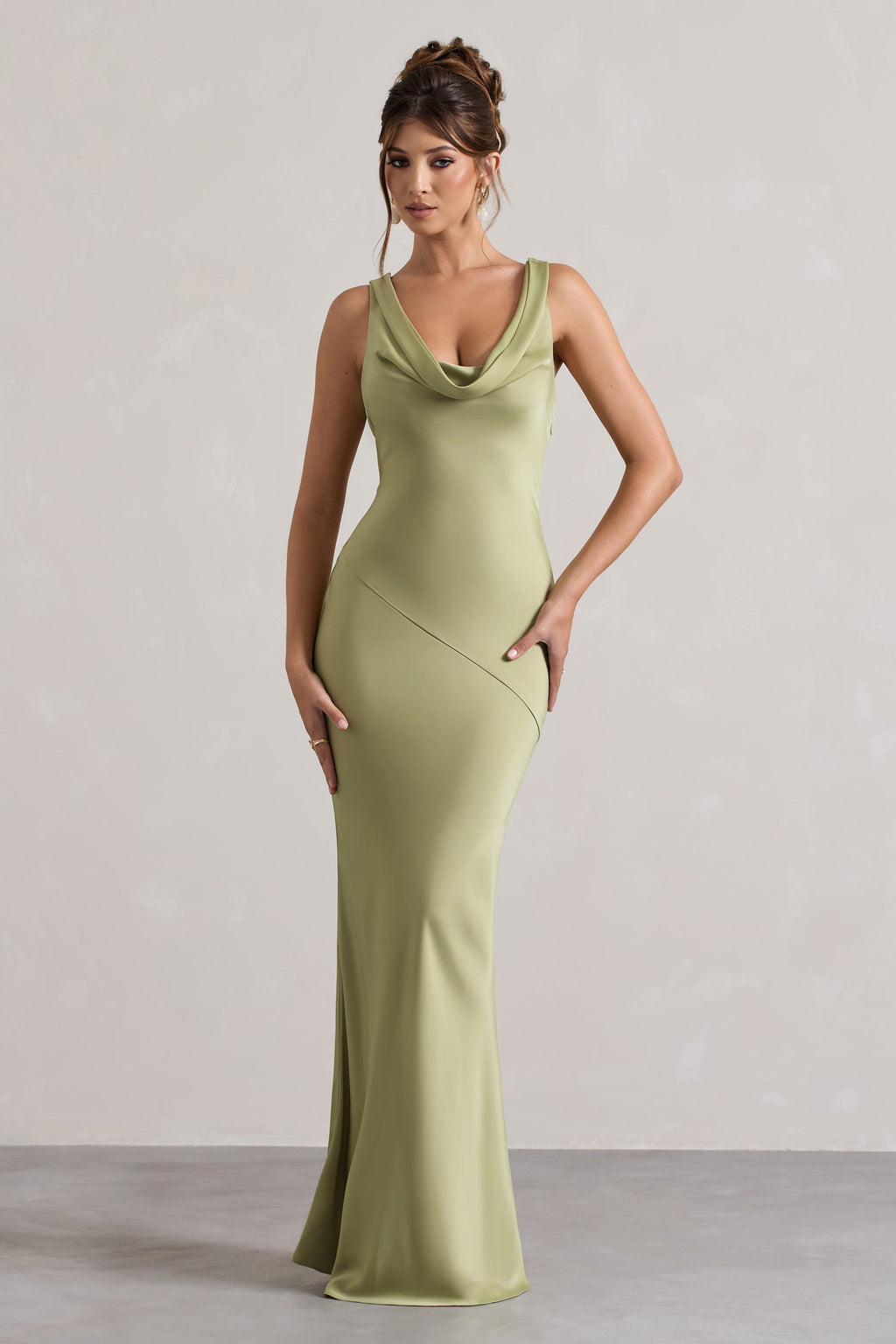 Light Olive Satin Cowl Neck Maxi Dress – Elegant Wedding Guest Evening Gown