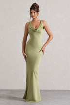 Light Olive Satin Cowl Neck Maxi Dress – Elegant Wedding Guest Evening Gown