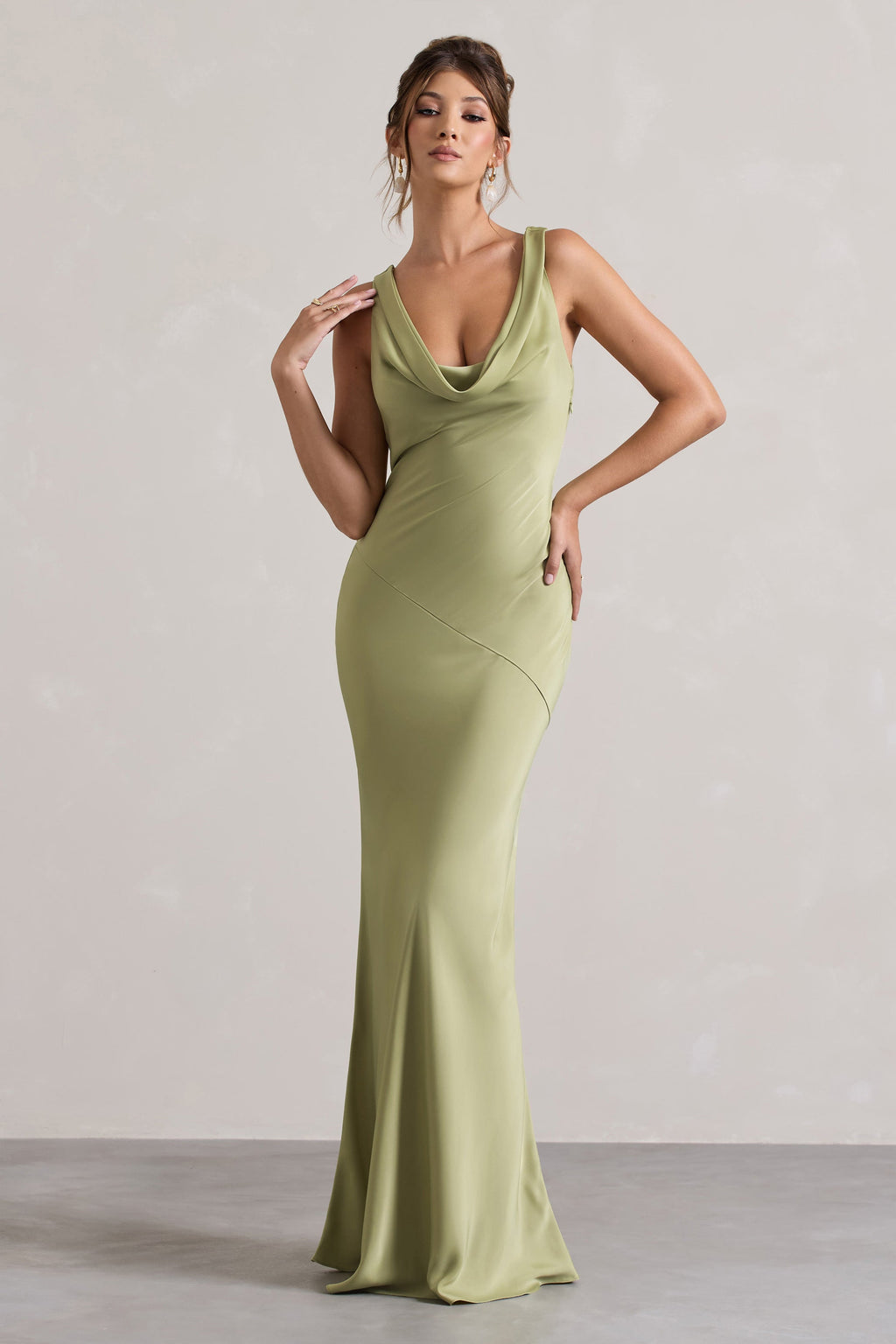 Light Olive Satin Cowl Neck Maxi Dress – Elegant Wedding Guest Evening Gown