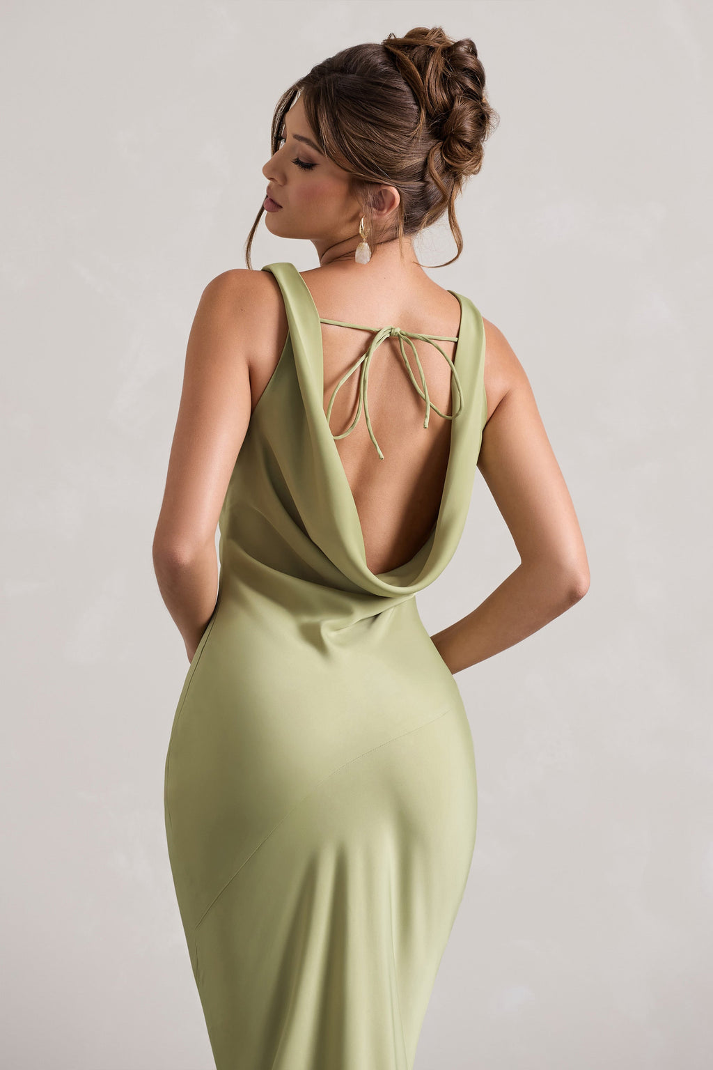 Light Olive Satin Cowl Neck Maxi Dress – Elegant Wedding Guest Evening Gown