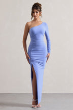 Pale Blue Asymmetric One Shoulder Ruched Maxi Dress – Luxury Wedding Guest Evening Gown