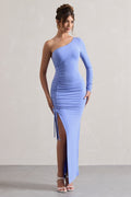 Pale Blue Asymmetric One Shoulder Ruched Maxi Dress – Luxury Wedding Guest Evening Gown