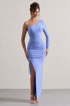 Pale Blue Asymmetric One Shoulder Ruched Maxi Dress – Luxury Wedding Guest Evening Gown