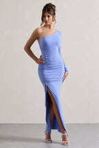 Pale Blue Asymmetric One Shoulder Ruched Maxi Dress – Luxury Wedding Guest Evening Gown