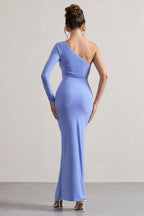 Pale Blue Asymmetric One Shoulder Ruched Maxi Dress – Luxury Wedding Guest Evening Gown