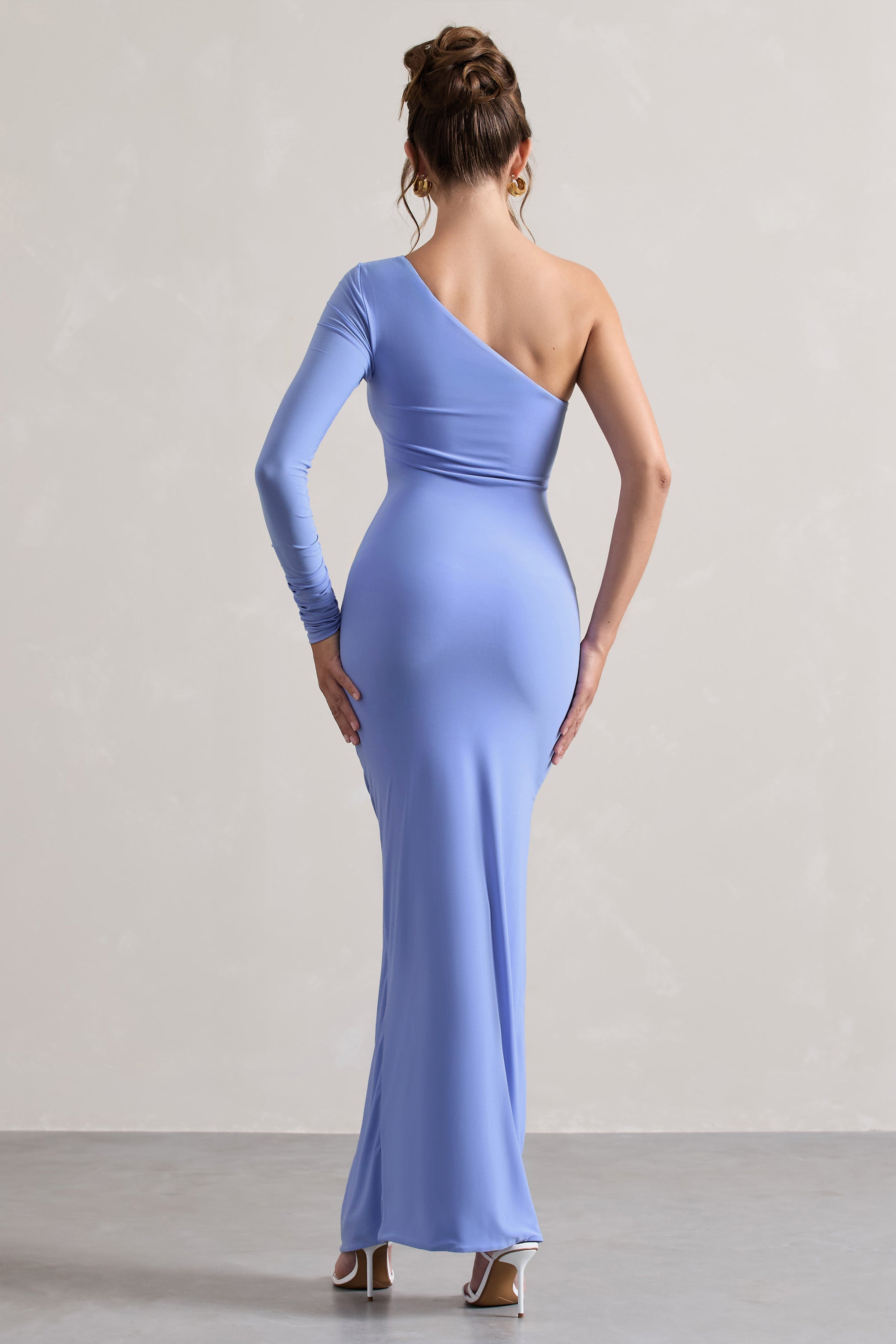 Pale Blue Asymmetric One Shoulder Ruched Maxi Dress – Luxury Wedding Guest Evening Gown
