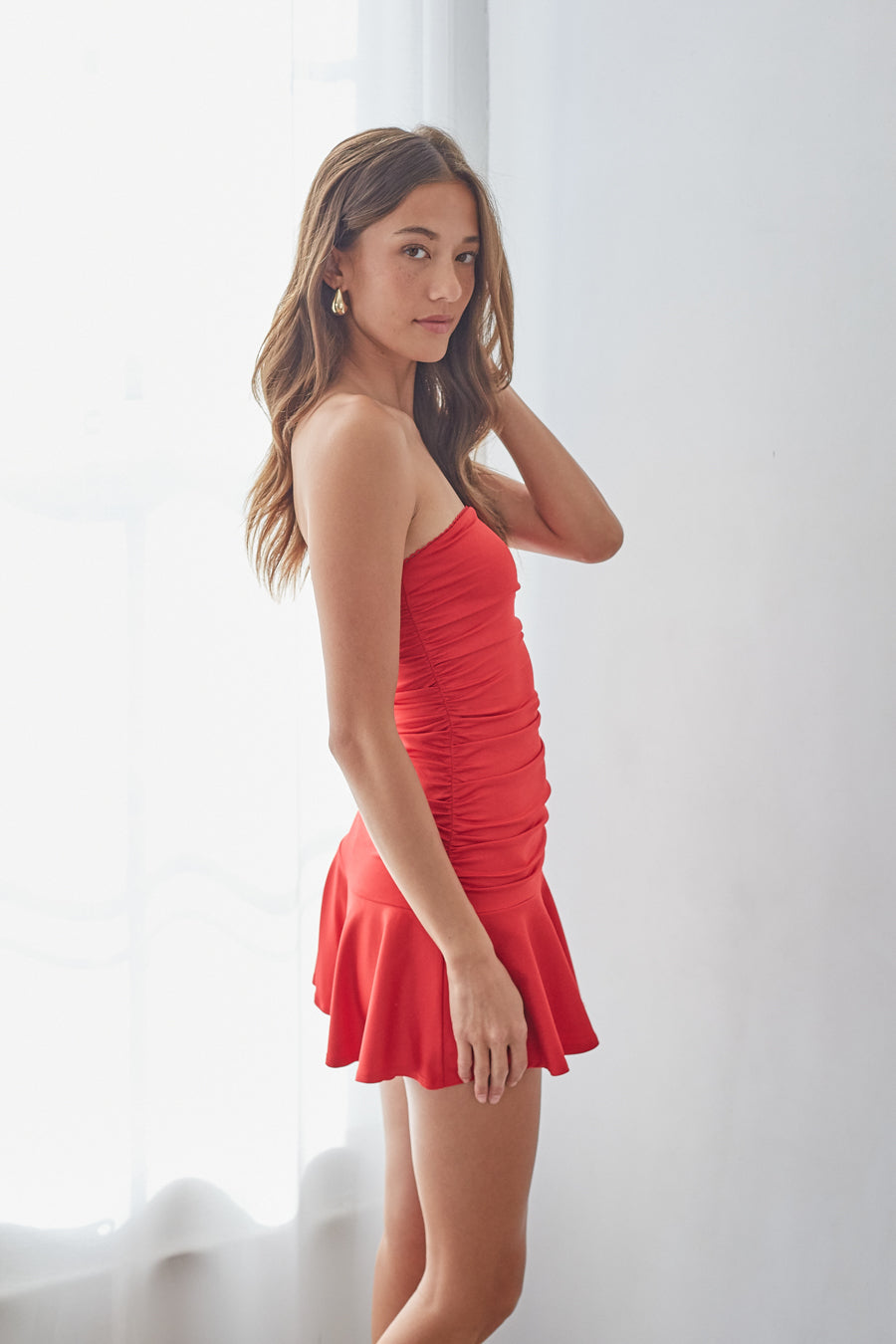 Strapless Ruched Bodycon Ruffle Hem Mini Dress – Chic Bridesmaid Wedding Guest Party Outfit