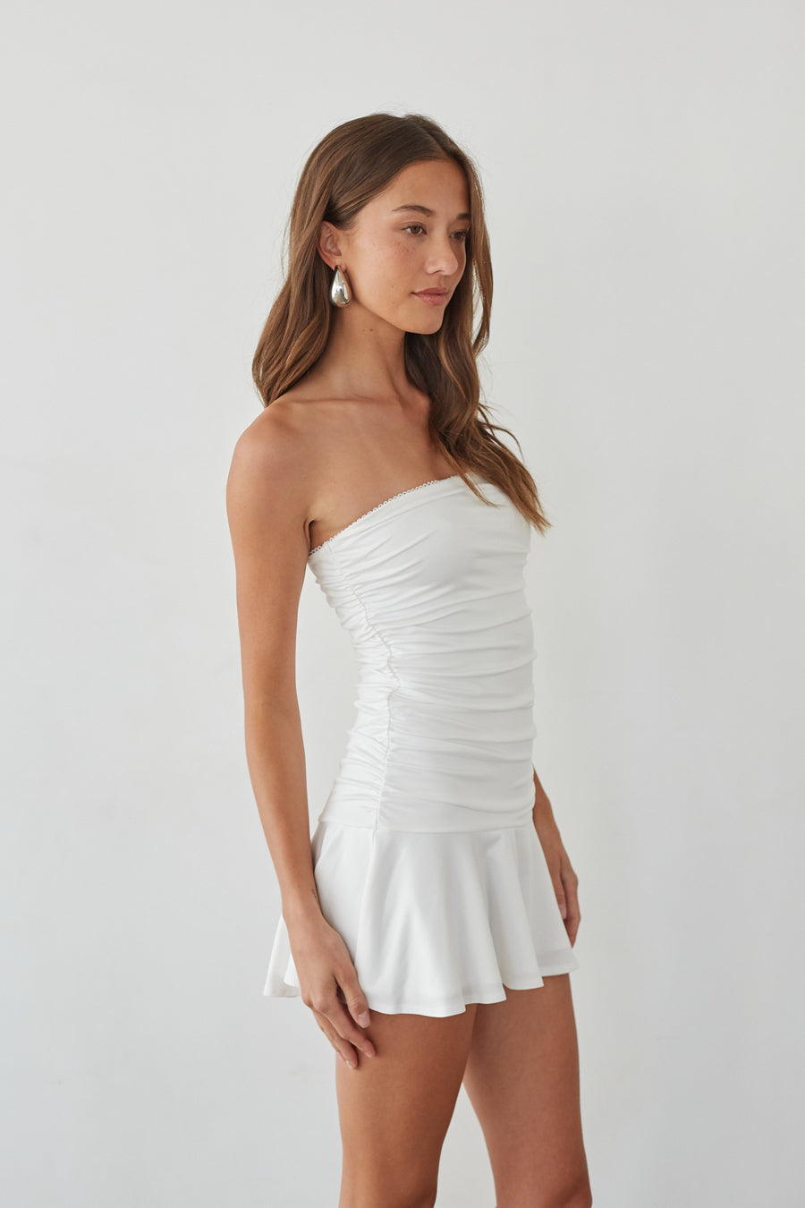 Strapless Ruched Bodycon Ruffle Hem Mini Dress – Chic Bridesmaid Wedding Guest Party Outfit