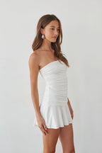 Strapless Ruched Bodycon Ruffle Hem Mini Dress – Chic Bridesmaid Wedding Guest Party Outfit