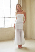 White Mesh Strapless Drop Waist Ruched Sheer Maxi Dress – Elegant Bridesmaid Wedding Guest Gown