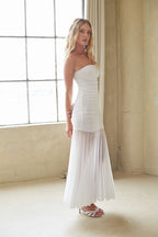 White Mesh Strapless Drop Waist Ruched Sheer Maxi Dress – Elegant Bridesmaid Wedding Guest Gown