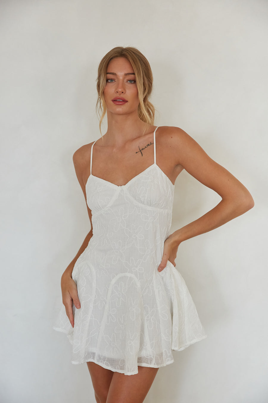 White Floral Embroidered Fit & Flare Panelled Mini Dress – Romantic Bridesmaid Wedding Guest Outfit
