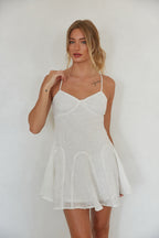 White Floral Embroidered Fit & Flare Panelled Mini Dress – Romantic Bridesmaid Wedding Guest Outfit