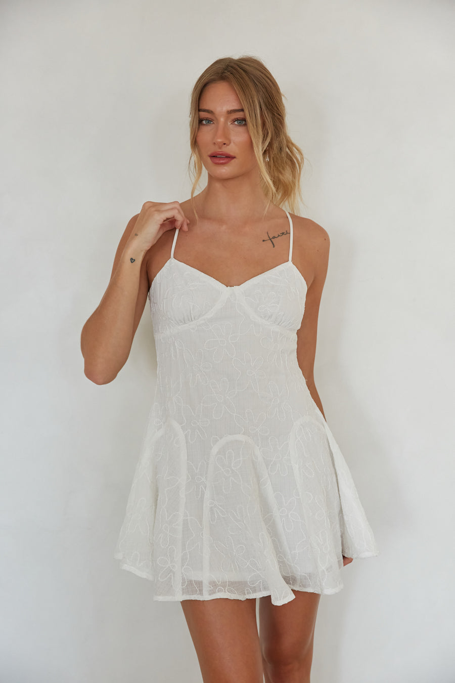 White Floral Embroidered Fit & Flare Panelled Mini Dress – Romantic Bridesmaid Wedding Guest Outfit