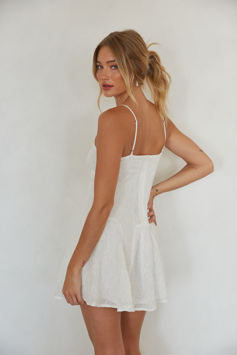 White Floral Embroidered Fit & Flare Panelled Mini Dress – Romantic Bridesmaid Wedding Guest Outfit