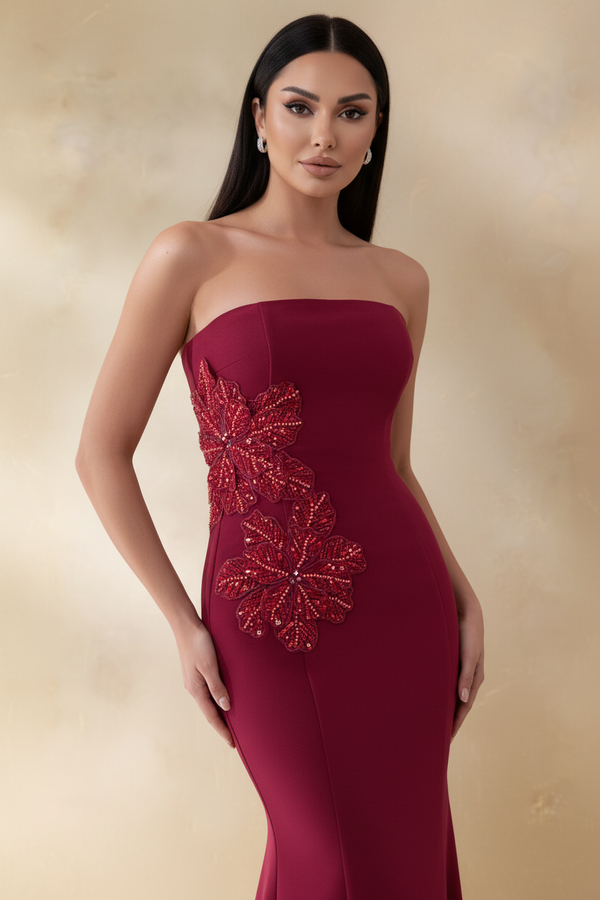 Burgundy Bandeau Embellished Maxi Dress – Bodice Detail