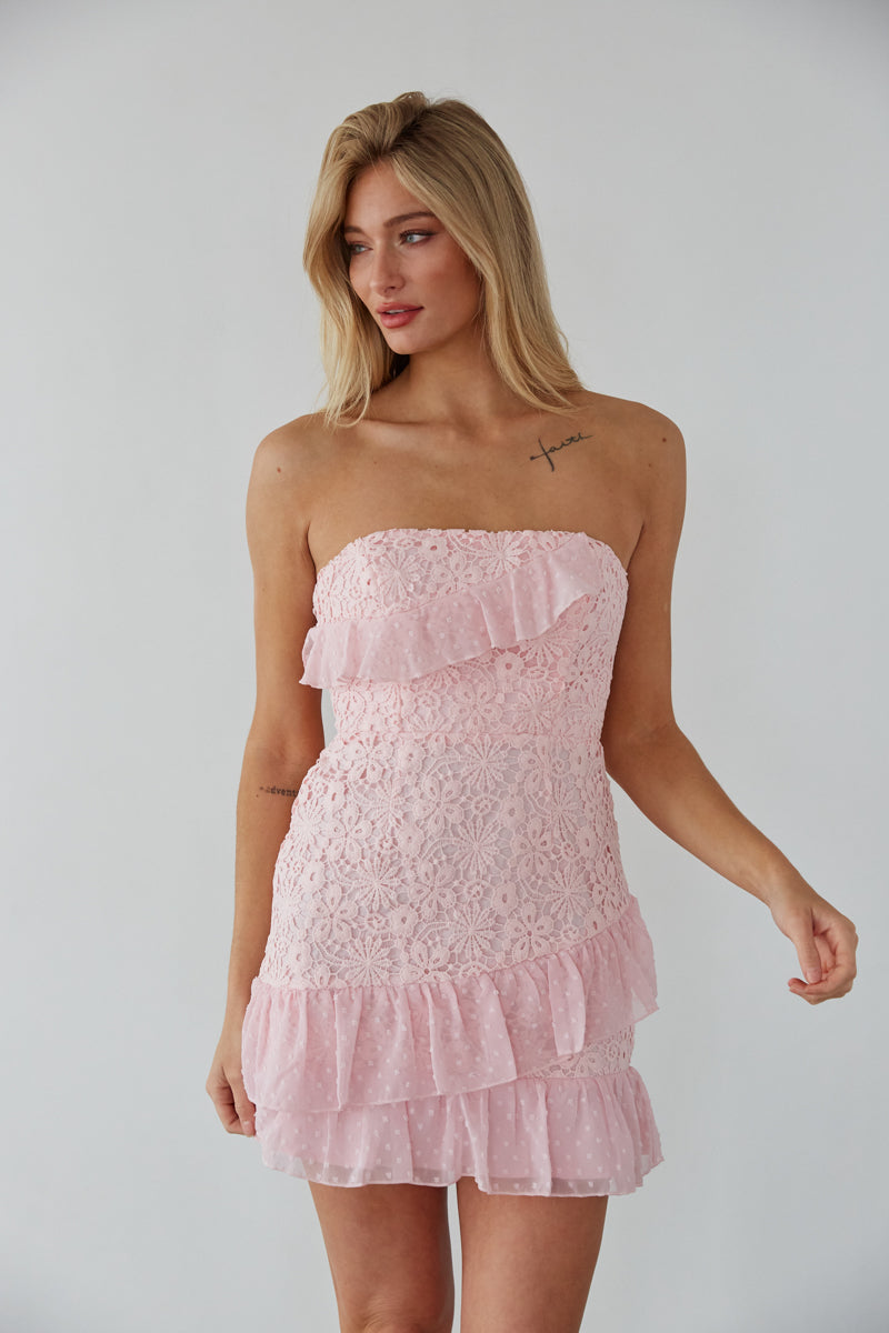 Lace Tie Back Mini Dress – Pink Graduation Dress & Ruffle Party Gown