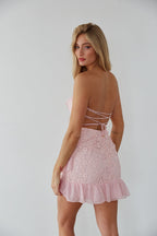 Lace Tie Back Mini Dress – Pink Graduation Dress & Ruffle Party Gown
