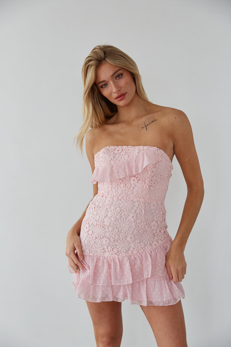Lace Tie Back Mini Dress – Pink Graduation Dress & Ruffle Party Gown