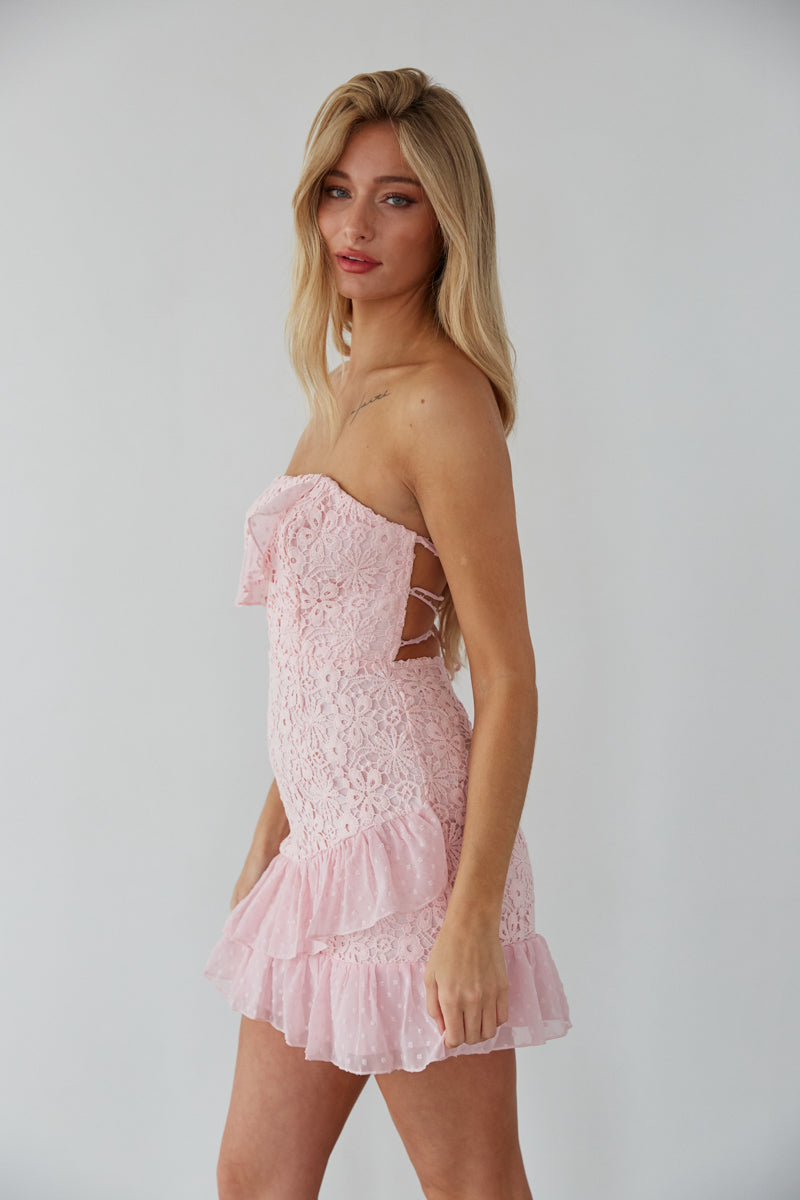 Lace Tie Back Mini Dress – Pink Graduation Dress & Ruffle Party Gown
