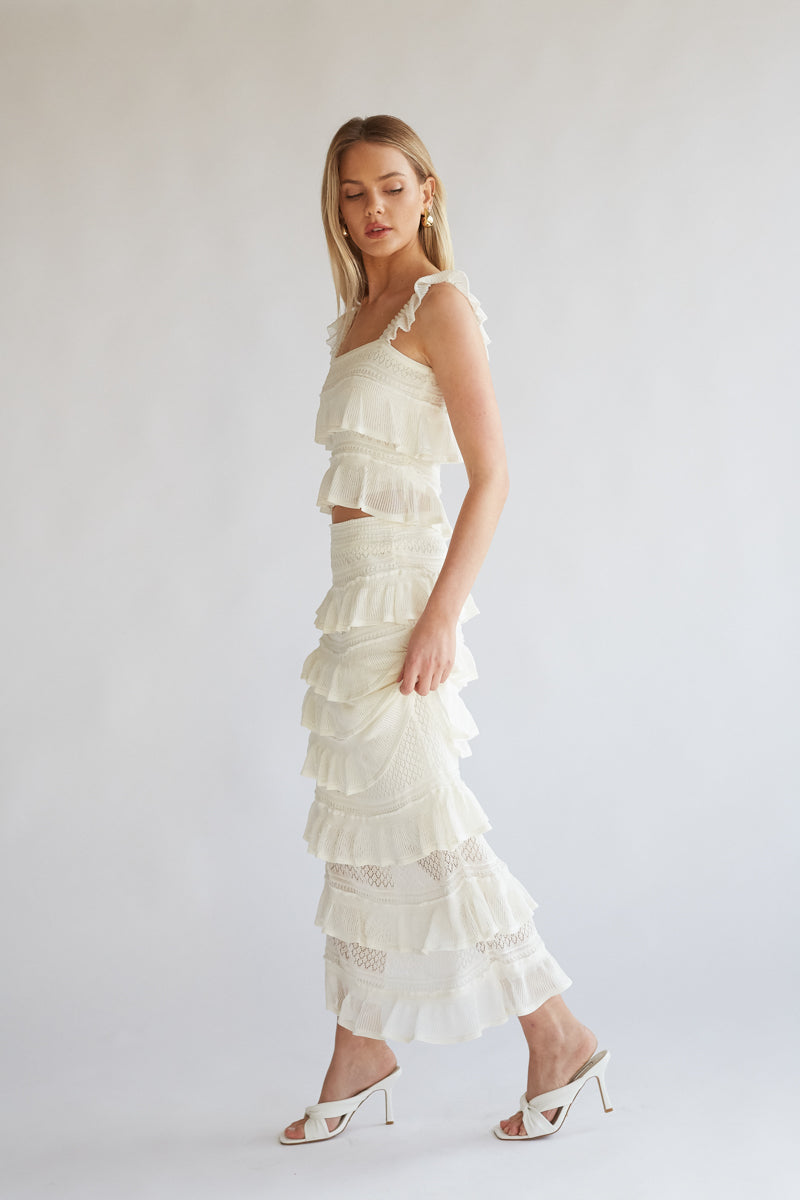 Crochet Tiered Ruffle Square Neck Top & Maxi Skirt Set – Chic Bridesmaid Wedding Guest Two-Piece Outfit