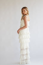 Crochet Tiered Ruffle Square Neck Top & Maxi Skirt Set – Chic Bridesmaid Wedding Guest Two-Piece Outfit