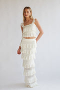 Crochet Tiered Ruffle Square Neck Top & Maxi Skirt Set – Chic Bridesmaid Wedding Guest Two-Piece Outfit