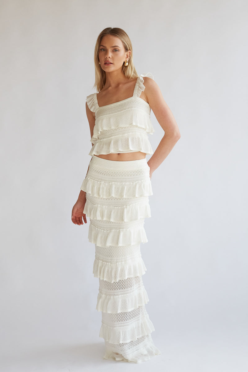 Crochet Tiered Ruffle Square Neck Top & Maxi Skirt Set – Chic Bridesmaid Wedding Guest Two-Piece Outfit