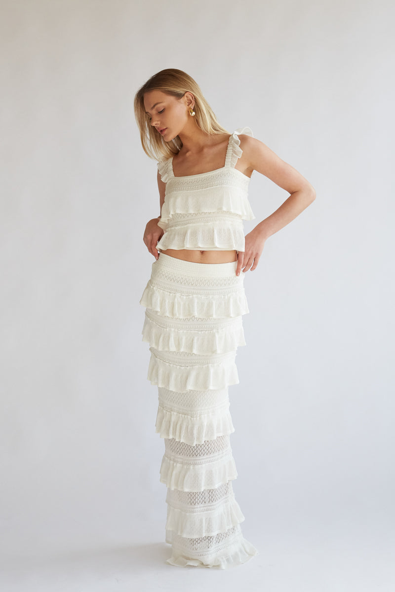 Crochet Tiered Ruffle Square Neck Top & Maxi Skirt Set – Chic Bridesmaid Wedding Guest Two-Piece Outfit