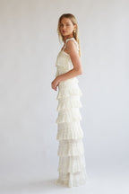 Crochet Tiered Ruffle Square Neck Top & Maxi Skirt Set – Chic Bridesmaid Wedding Guest Two-Piece Outfit