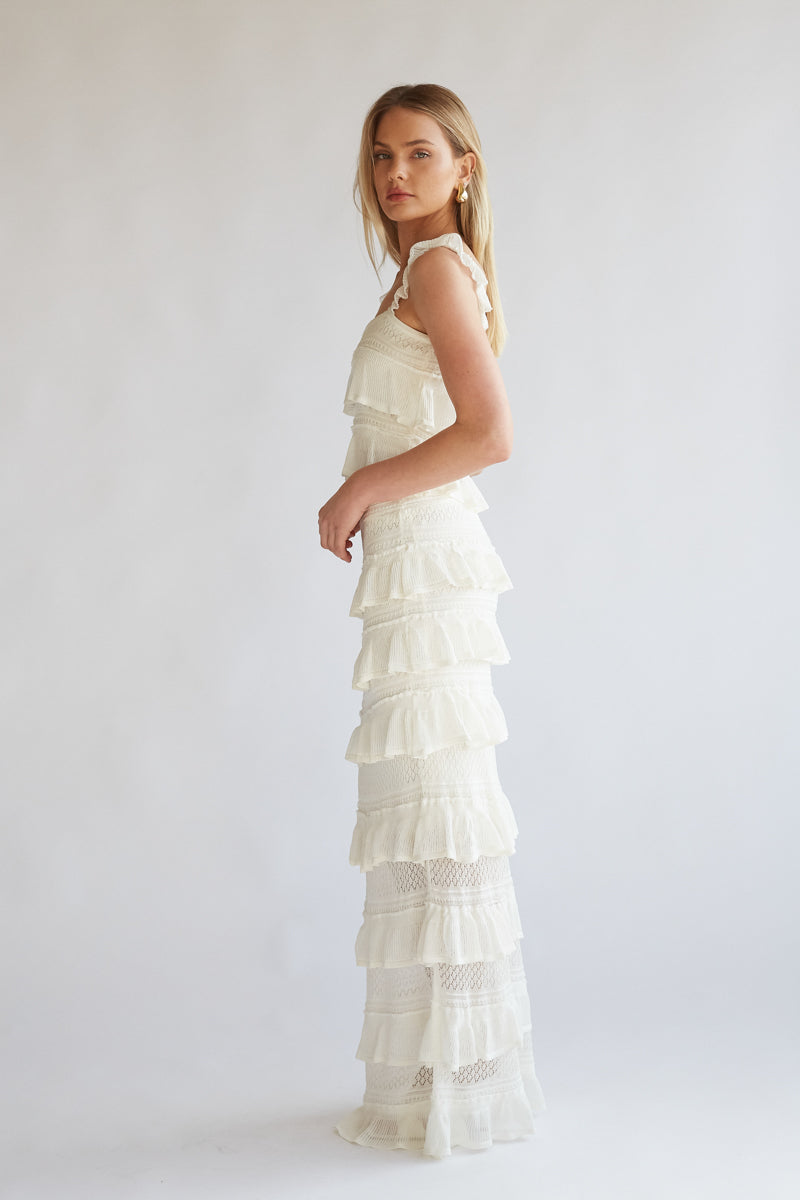 Crochet Tiered Ruffle Square Neck Top & Maxi Skirt Set – Chic Bridesmaid Wedding Guest Two-Piece Outfit