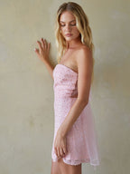 Sequin Pearl Embroidered Strapless Tulle Bow Mini Dress – Glamorous Bridesmaid Wedding Guest Party Outfit