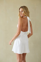Satin Lace Halter Ruched Open Back Mini Dress – Chic Bridesmaid Wedding Guest Party Outfit