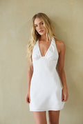 Satin Lace Halter Ruched Open Back Mini Dress – Chic Bridesmaid Wedding Guest Party Outfit