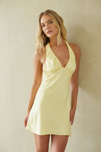 Satin Lace Halter Ruched Open Back Mini Dress – Chic Bridesmaid Wedding Guest Party Outfit
