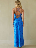 Floral Satin Open Back Maxi Dress – Wedding Guest Gown & Evening Dress