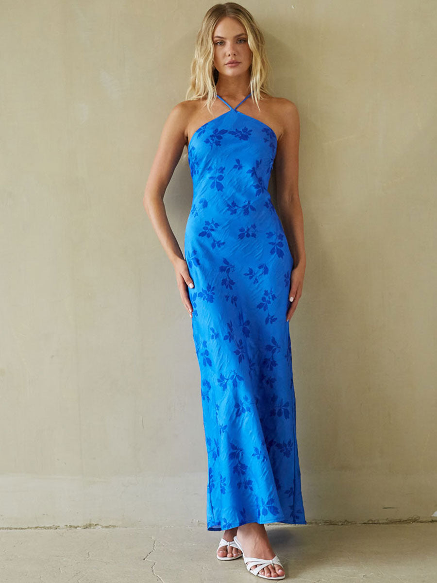 Floral Satin Open Back Maxi Dress – Wedding Guest Gown & Evening Dress