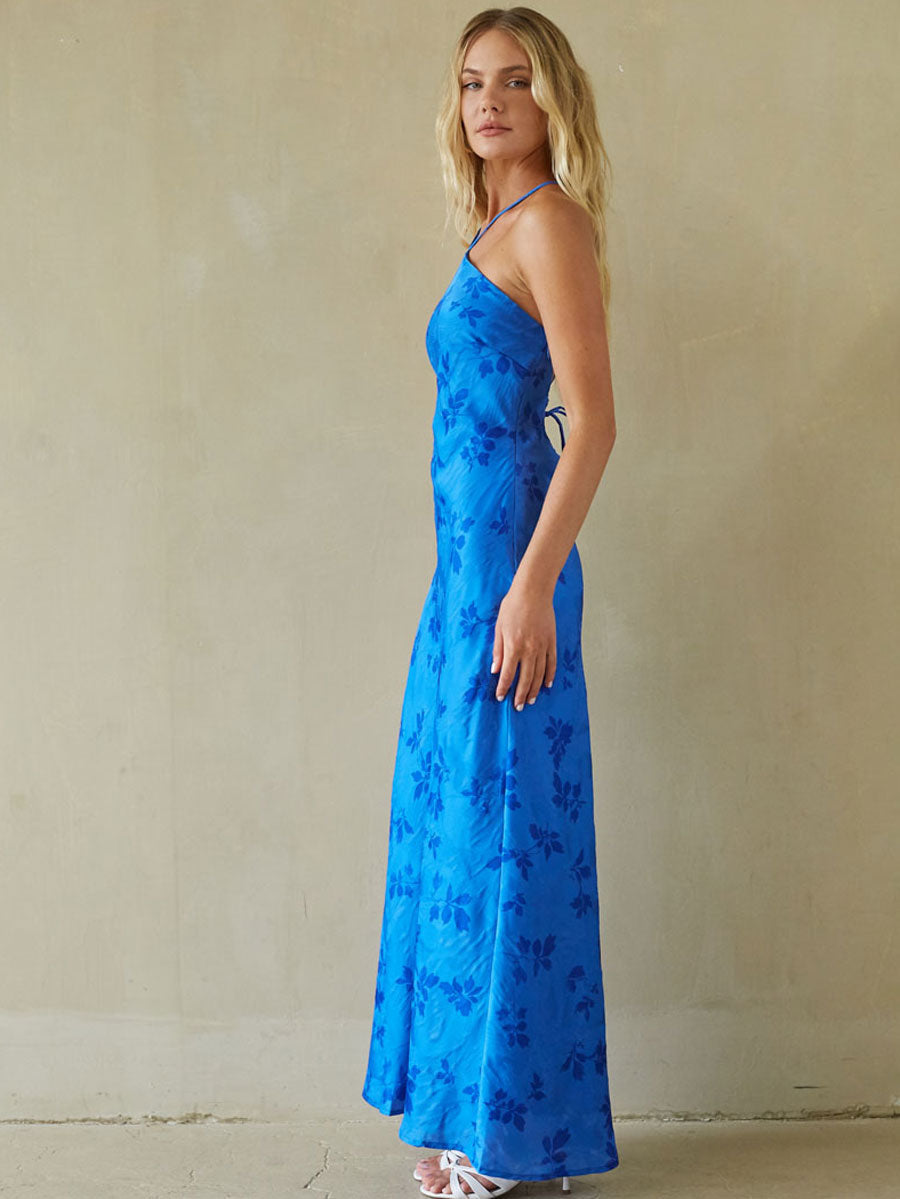 Floral Satin Open Back Maxi Dress – Wedding Guest Gown & Evening Dress