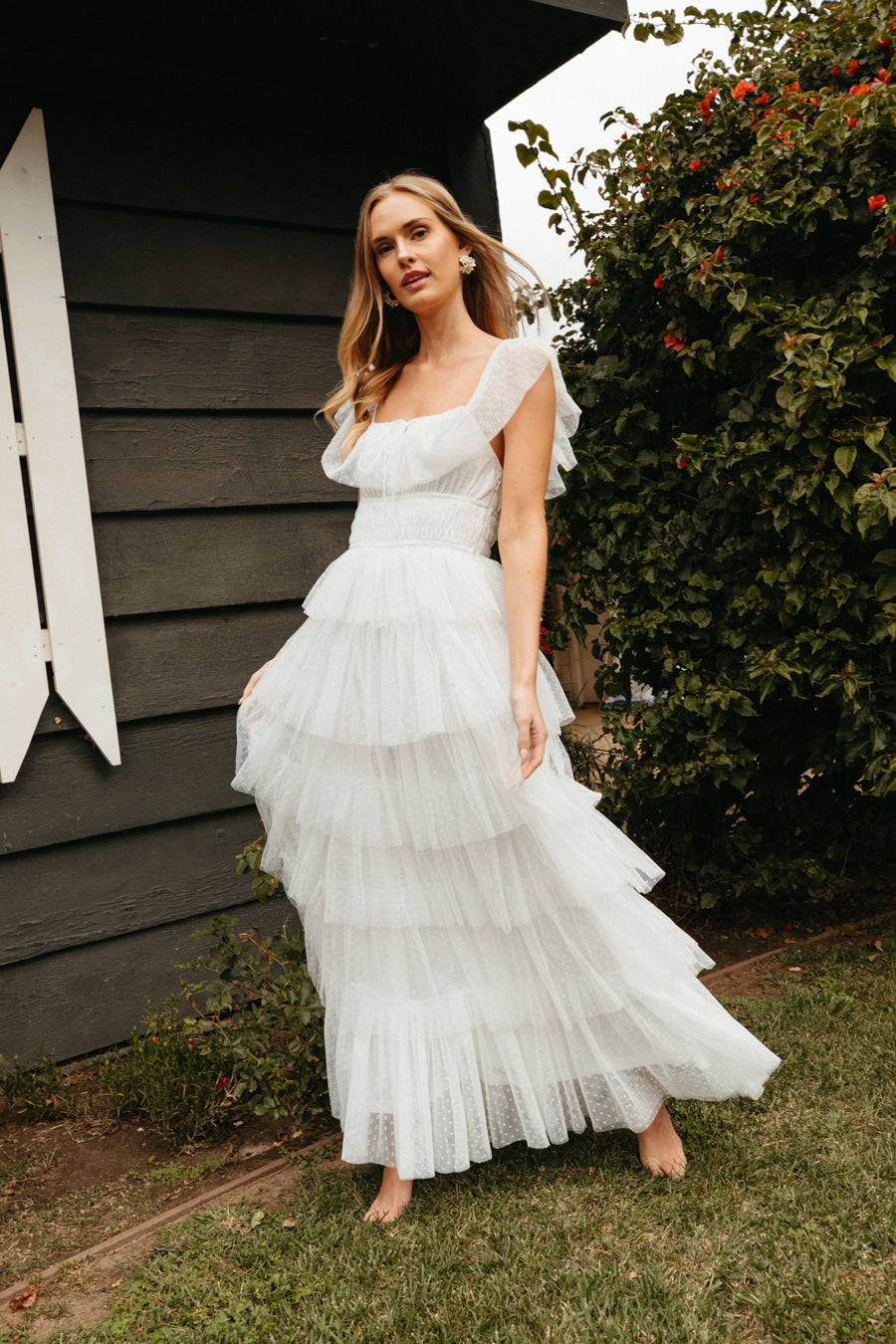 White Sheer Mesh Swiss Dot Tiered Ruffle Square Neck Maxi Dress – Romantic Bridesmaid Wedding Guest Gown
