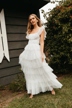 White Sheer Mesh Swiss Dot Tiered Ruffle Square Neck Maxi Dress – Romantic Bridesmaid Wedding Guest Gown