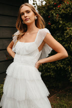 White Sheer Mesh Swiss Dot Tiered Ruffle Square Neck Maxi Dress – Romantic Bridesmaid Wedding Guest Gown