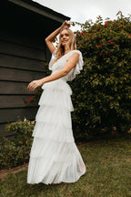 White Sheer Mesh Swiss Dot Tiered Ruffle Square Neck Maxi Dress – Romantic Bridesmaid Wedding Guest Gown