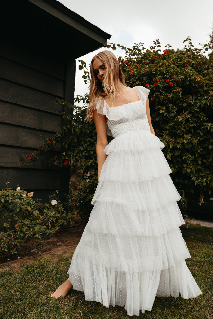 White Sheer Mesh Swiss Dot Tiered Ruffle Square Neck Maxi Dress – Romantic Bridesmaid Wedding Guest Gown