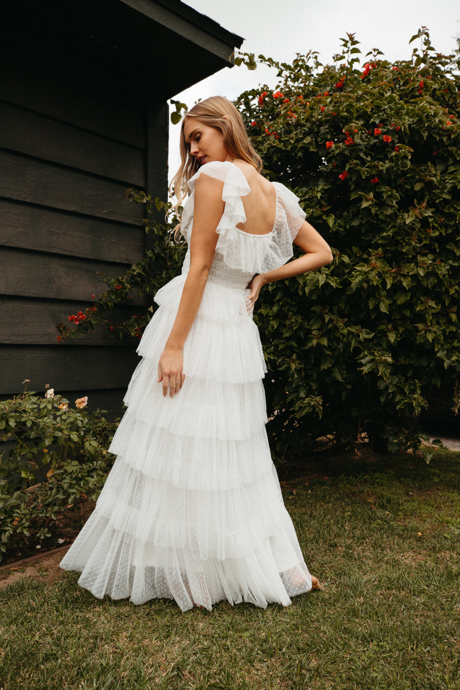 White Sheer Mesh Swiss Dot Tiered Ruffle Square Neck Maxi Dress – Romantic Bridesmaid Wedding Guest Gown