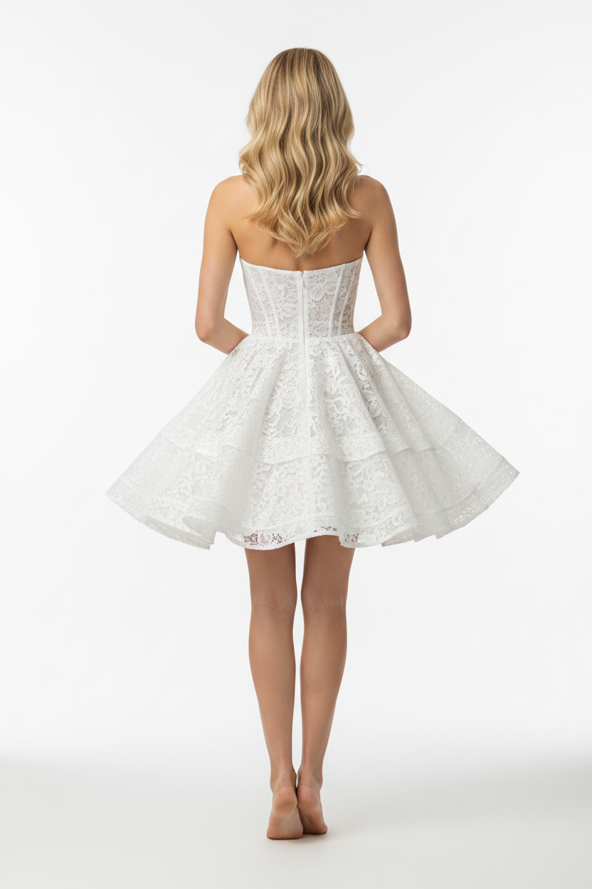 White lace strapless skater mini dress back view – flared party dress on blonde model