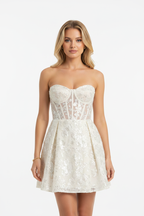 Ivory corset mini dress front view – sequin embroidered strapless evening dress on blonde model