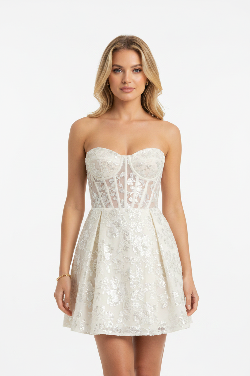 Ivory corset mini dress front view – sequin embroidered strapless evening dress on blonde model